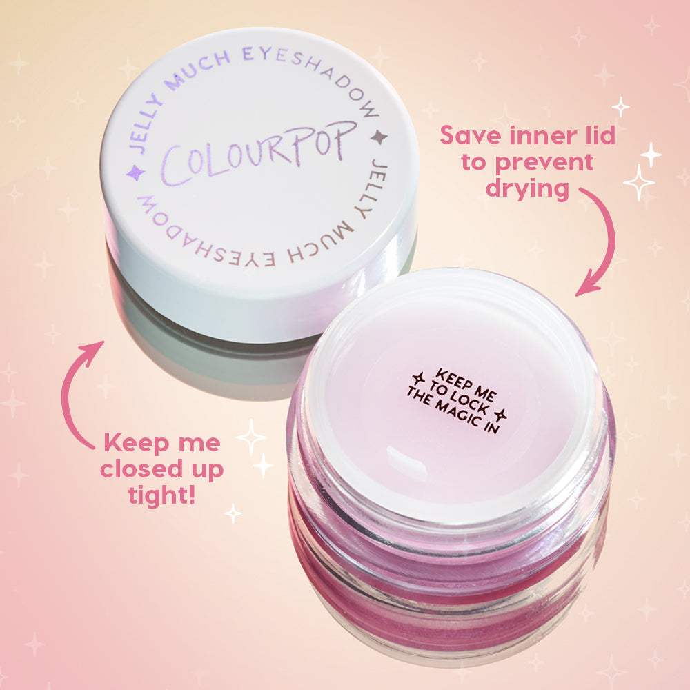 ColourPop Jelly Much Shadow in Stargaze shown open, lavender jelly visible with inner sealing lid labeled 'Keep me to lock the magic in'; outer cap nearby on a pink gradient background with callouts to save the inner lid and keep closed to prevent drying.