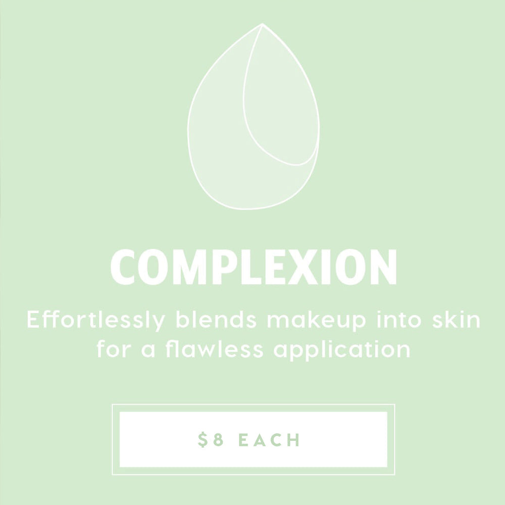 Complexion Blending Sponge blending foundation and concealer to a flawless finish, showcased on a mint-green promo card with a teardrop sponge line icon and $8 each price, part of ColourPop Makeup Tools & Accessories.