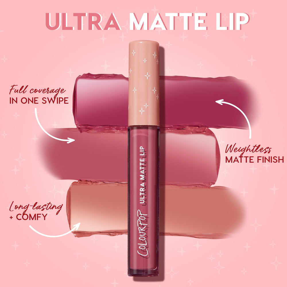 ColourPop Ultra Matte Lip in Double Date stands upright with a peach star-print cap and clear tube of rosy berry liquid lipstick, set against pink swatches highlighting full coverage in one swipe, a weightless matte finish, and long-lasting comfort.
