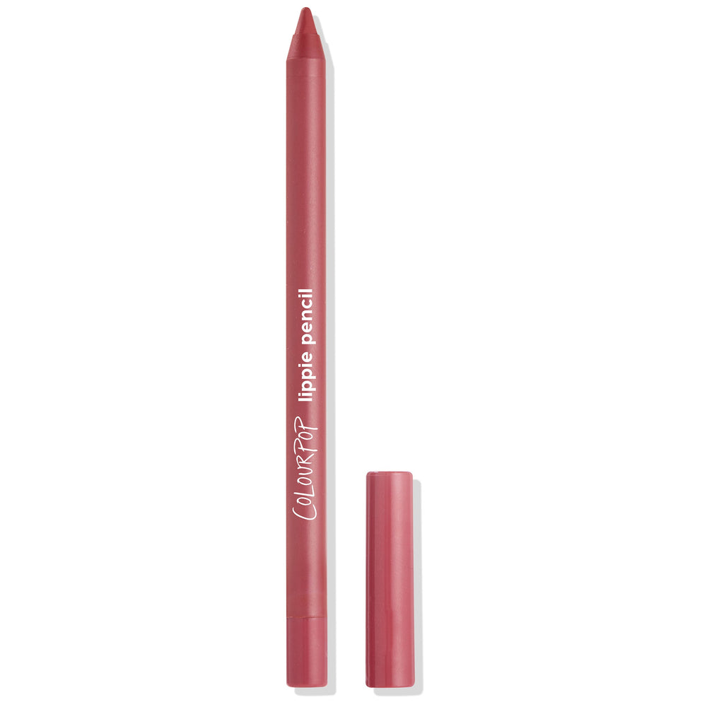 Bumble ColourPop Lippie Pencil lying uncapped with a sharpened rosy‑mauve tip, cap set beside it on a white background, highlighting the slim lip liner design and brand logo for precise lip lining in the Bumble shade.