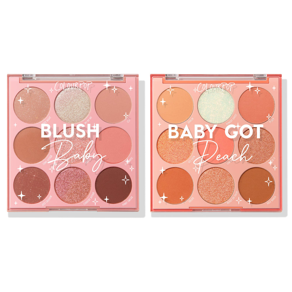 Baby Got Blush ColourPop Shadow Palette Set showcasing two open nine-pan palettes - Blush Baby and Baby Got Peach - displaying warm blush and peach shades in matte and glitter finishes on a white background.
