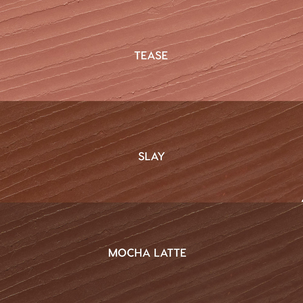 Three stacked lip liner swatches labeled Tease (soft pink nude), Slay (warm brown), and Mocha Latte (deep mocha) show a smooth, creamy texture, representing the ColourPop So Juicy Plumping Lip Liner Set, Total Slay.