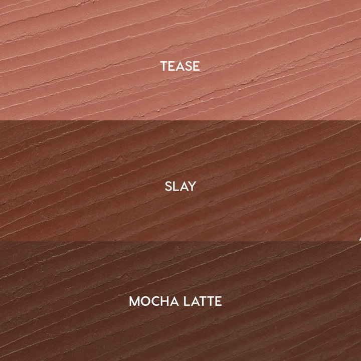 Three stacked lip liner swatches labeled Tease (soft pink nude), Slay (warm brown), and Mocha Latte (deep mocha) show a smooth, creamy texture, representing the ColourPop So Juicy Plumping Lip Liner Set, Total Slay.