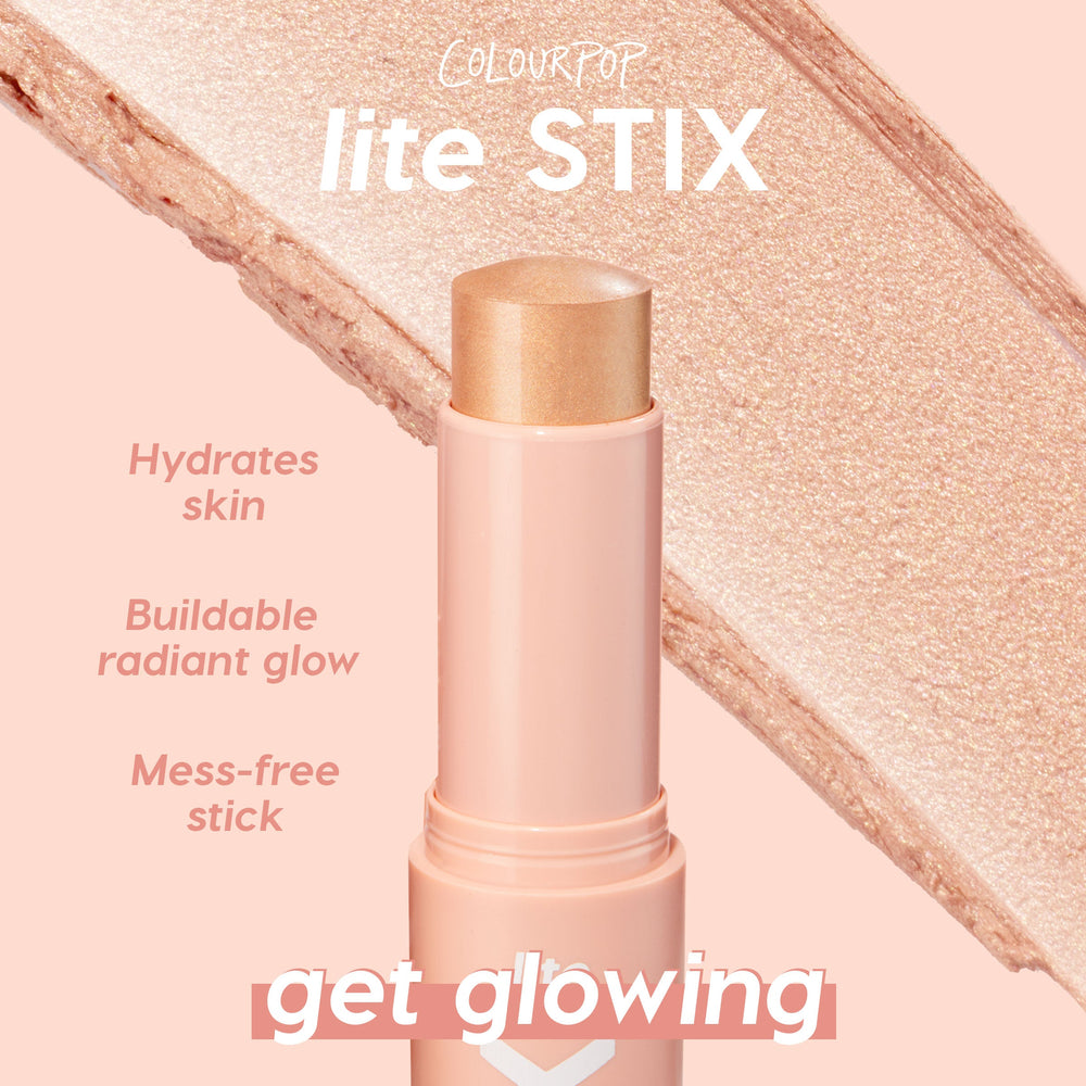 ColourPop Lite Stix Ignite highlighter standing uncapped, bullet revealing champagne-gold shimmer that offers hydrating, buildable, mess-free glow, set against a peach backdrop with a metallic swatch and “get glowing” callout.