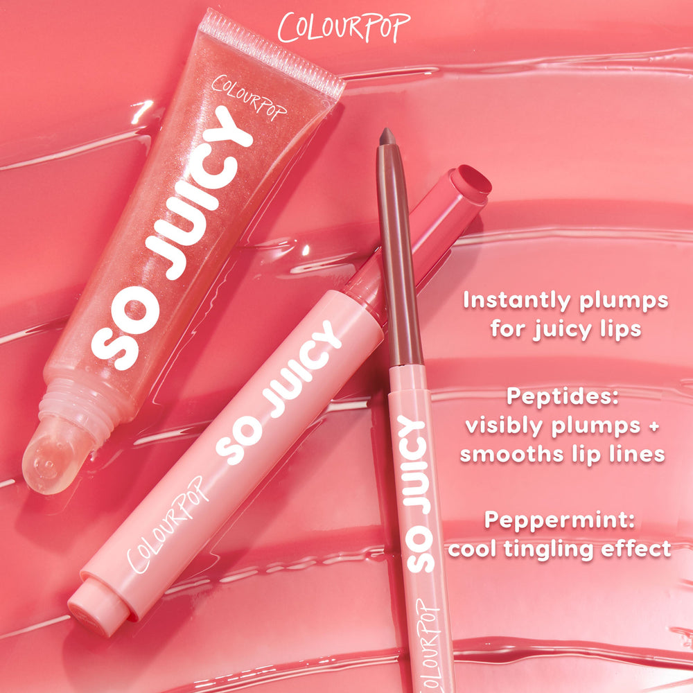 ColourPop So Juicy Plumping Lip Liner with Peptides in shade Love That, a pink twist-up pencil, rests beside matching So Juicy gloss, touting instant plump, peptide-smoothing, and peppermint tingle on a glossy pink swirled backdrop.