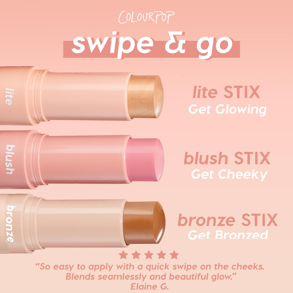 Glazey Lite Stix highlighter - champagne-gold ColourPop Lite Stix - twist-up bullet extended, displayed alongside blush and bronze sticks on a peach gradient backdrop with “swipe & go” messaging for a quick, blendable glow.