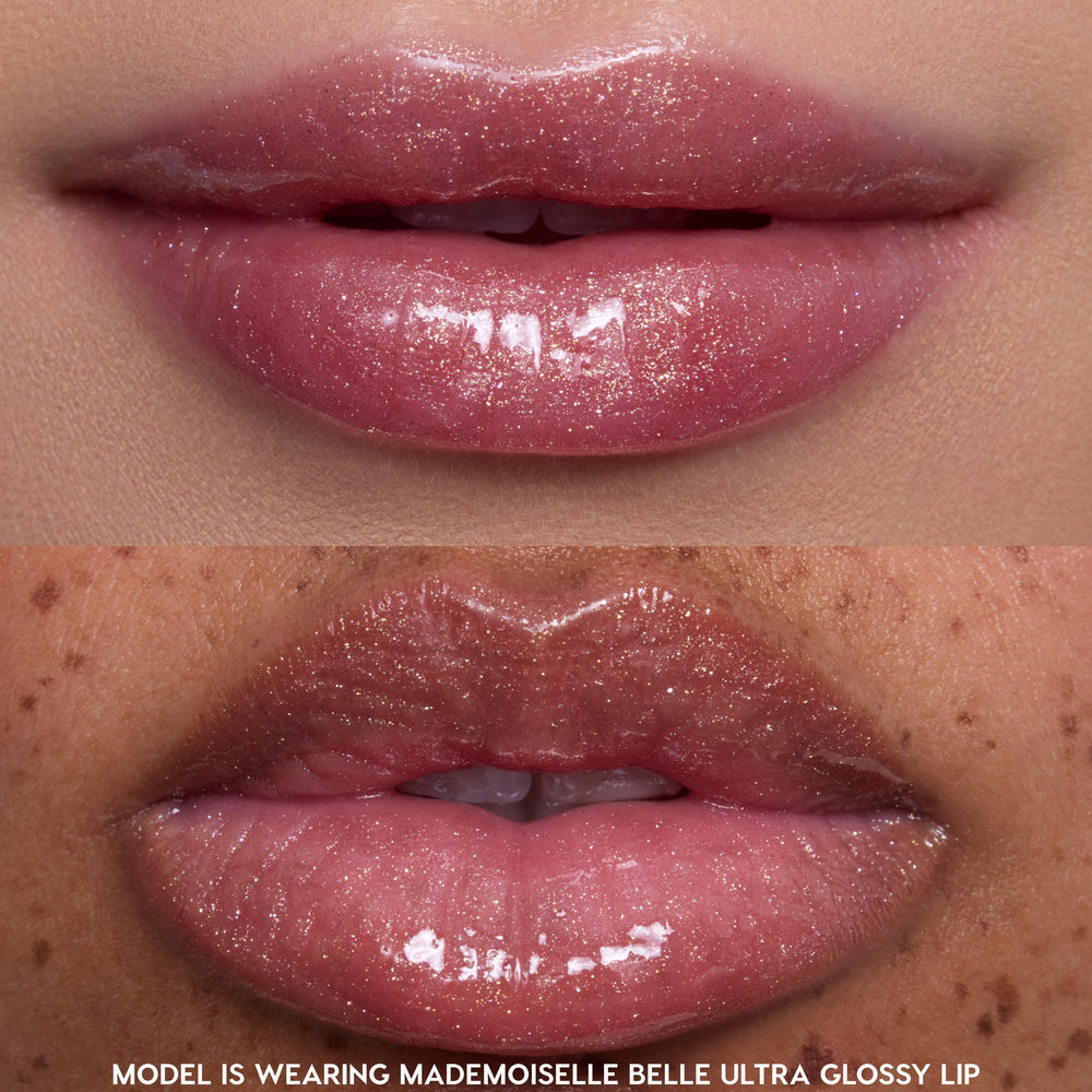 Two close-up shots of models’ lips wearing Princess Pout Disney Princess full collection set gloss in a shimmery pink shade, showing ultra-glossy, high-shine finish on different skin tones for comparison.