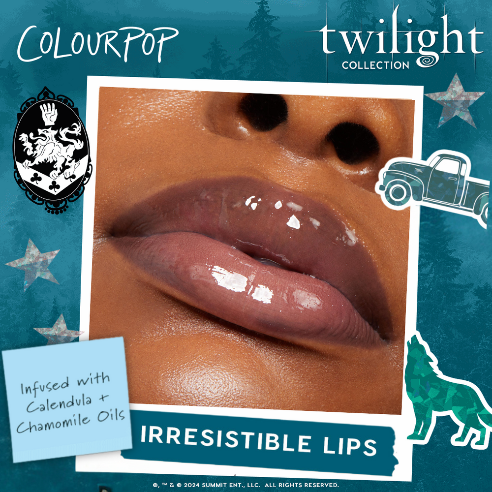 Glossy lips wearing Team Edward ColourPop Lux Lip Oil, a high-shine sheer finish infused with calendula and chamomile oils, shown in a Twilight Collection ad with a teal forest backdrop and playful wolf and truck icons.