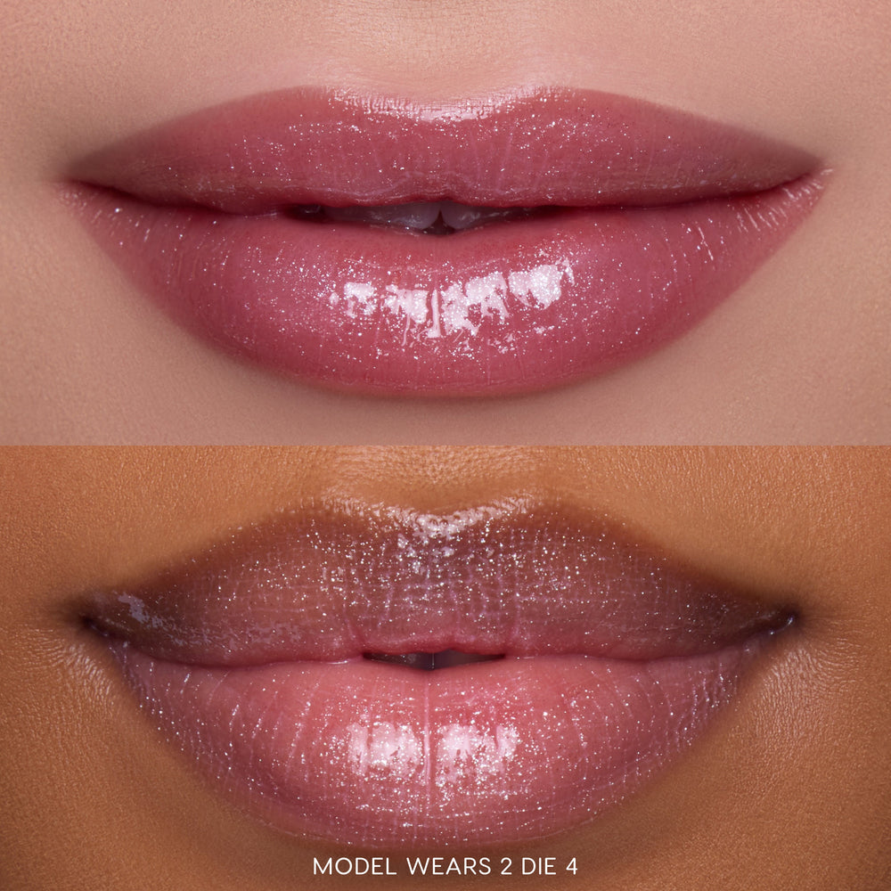 Close-up split image of two models’ lips wearing Gloss Me Up ultra glossy lip set in shade 2 Die 4 from the Heart to Get collection, showing high-shine, shimmery pink gloss on different skin tones against a soft-focus background.