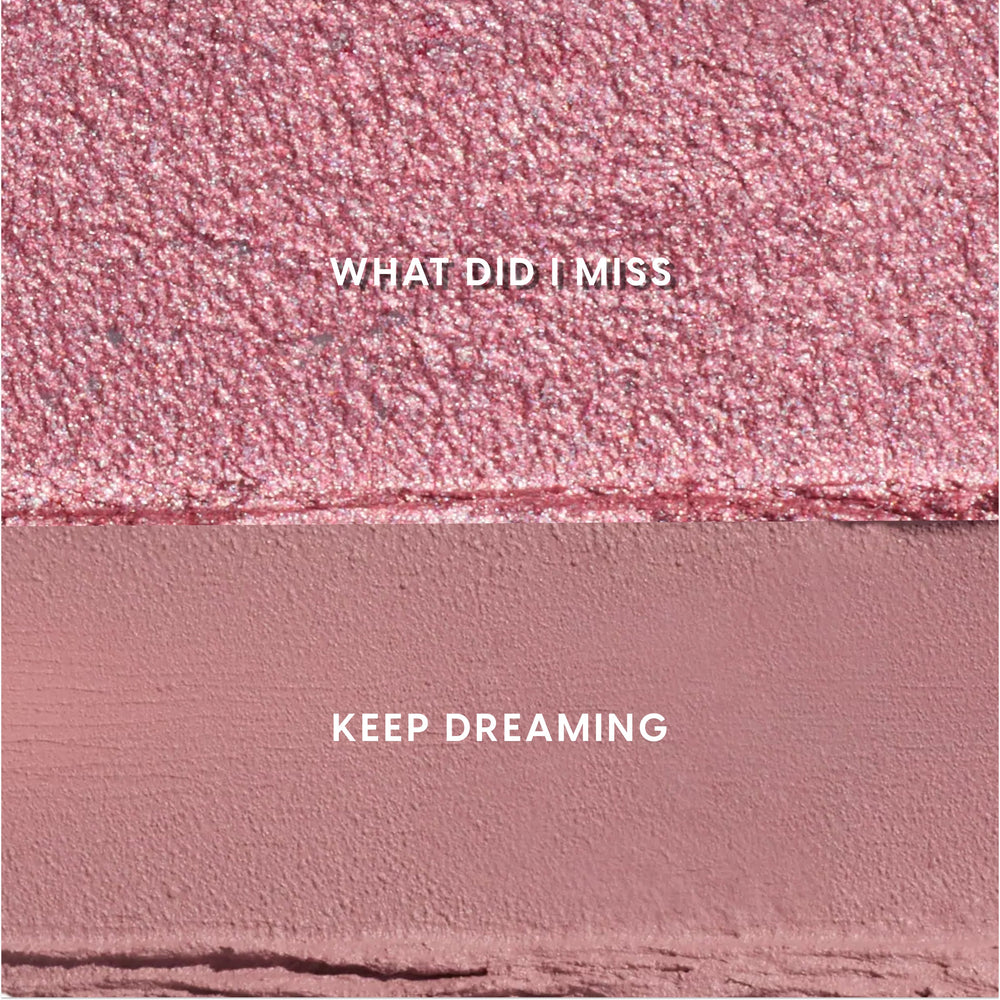 Heart to Get Love At First Swipe Shadow Stix swatches showing two pink shades, a shimmering rose labeled “What Did I Miss” above a matte mauve labeled “Keep Dreaming,” displayed in a close-up textured grid for US makeup shoppers.