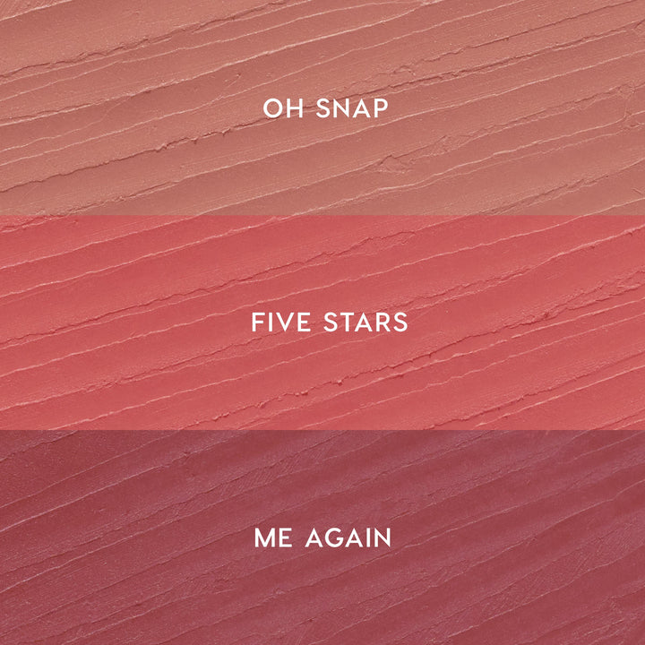 ColourPop Lippie Pencil Pinky Promise kit swatches display three shades in horizontal stripes: Oh Snap (soft nude pink) on top, Five Stars (warm rosy pink) in the middle, and Me Again (mauve berry) on bottom, shown on a textured smear.