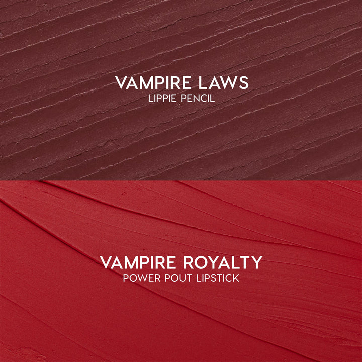 ColourPop Power Pout Lipstick swatch in Vampire Royalty sweeps in velvety red strokes, shown with the matching Vampire Laws Lippie Pencil swatch above as the You Can't Trust Vampires kit, highlighting bold, creamy color payoff.