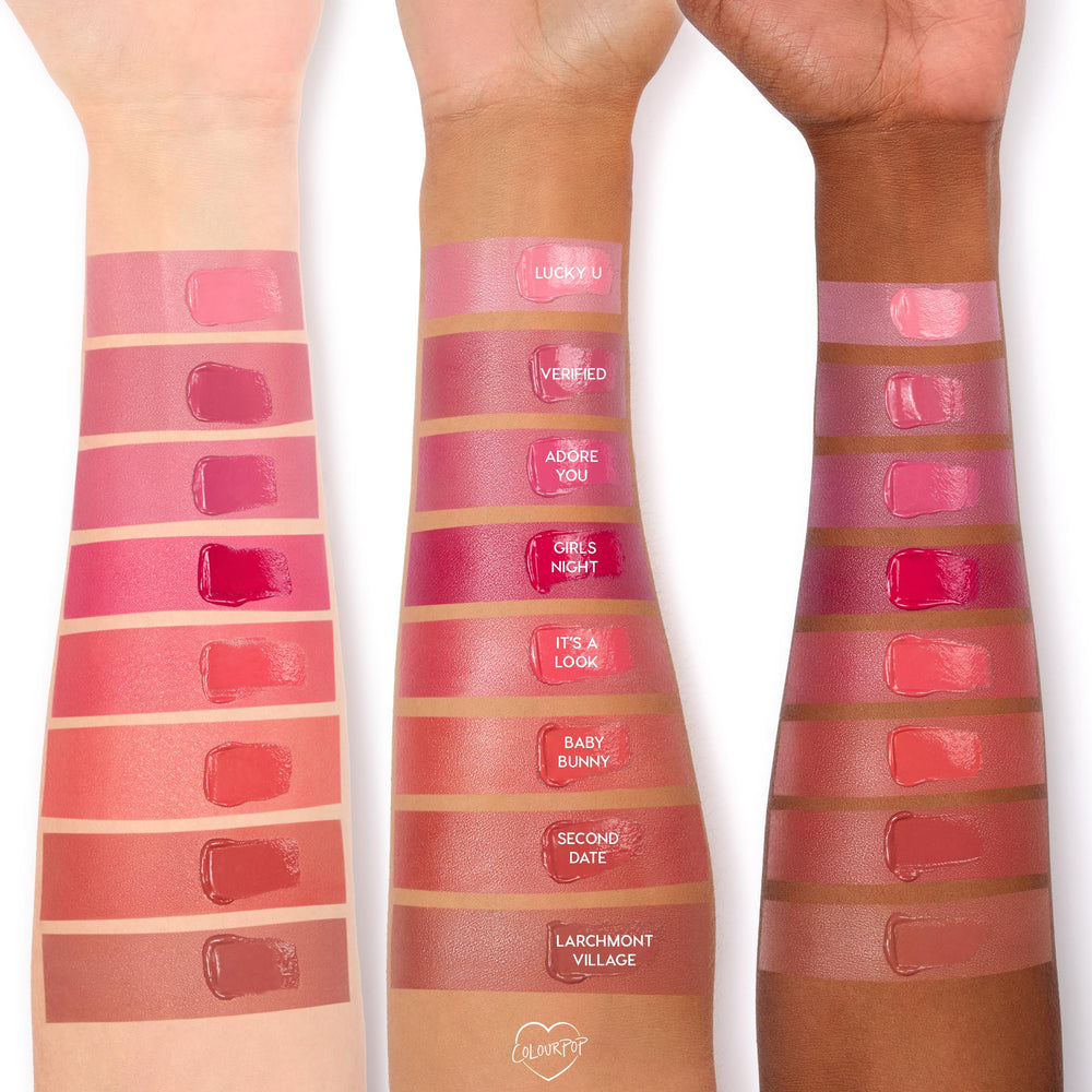 Girls Night ColourPop Lip and Cheek Balm swatched on three skin tones, a glossy vibrant berry pink shown among labeled shades, highlighting its dewy finish and bold pigment for lips and cheeks.