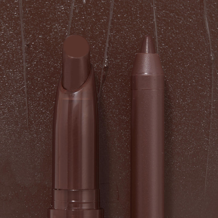 ColourPop Lippie Stix + Pencil Set Lip Service showcasing a creamy Lippie Stix and matching precision lip pencil in deep brown, standing side by side against a glossy brown swatch backdrop that highlights the pigment and finish.
