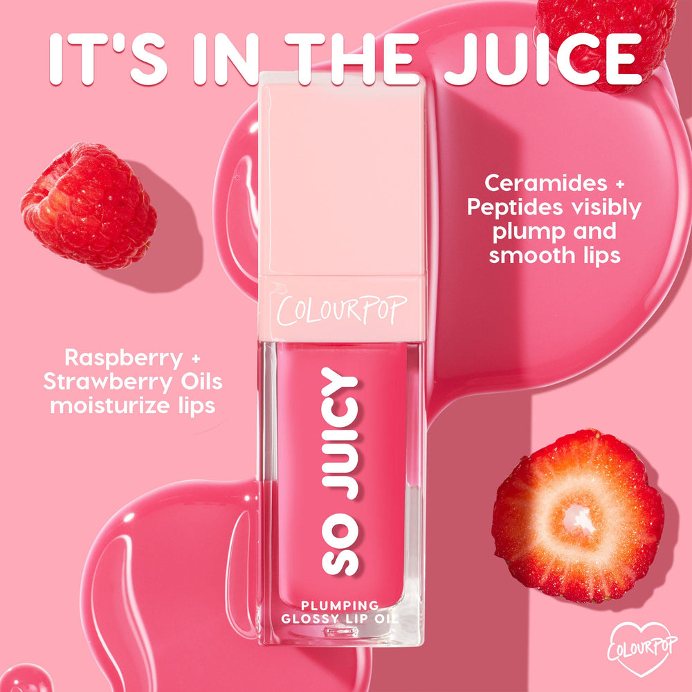 ColourPop So Juicy Plumping Glossy Lip Oil in Flirty Text stands upright, showing bright pink tint and SO JUICY branding; callouts highlight ceramides + peptides for plump, smooth lips and raspberry & strawberry oils for moisture on a pink, fruit-styled backdrop.