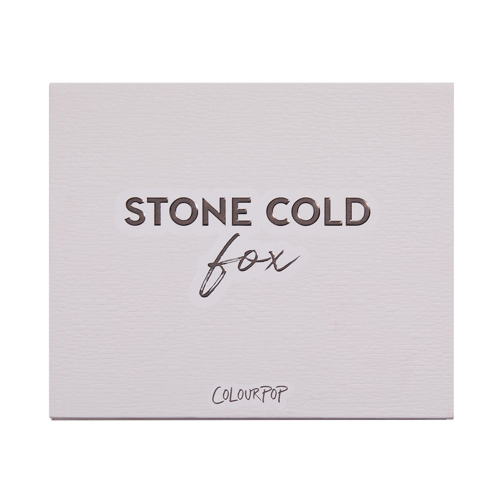 Stone Cold Fox shadow palette shown closed, featuring embossed “STONE COLD fox” lettering on a pale taupe faux-leather cover with ColourPop logo, studio-lit on a white background; a sleek neutral ColourPop Shadow Palette packaging shot.