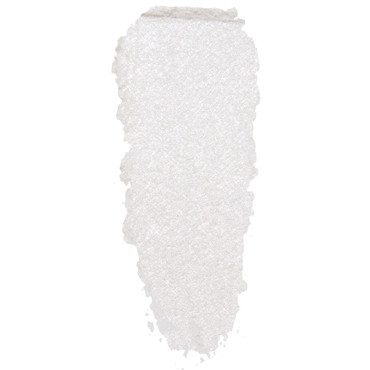 Tassel Super Shock Shadow by ColourPop - pearly white eyeshadow swatch shimmering with icy silver microglitter - smeared in a single swipe to show creamy texture and high-shine finish, on a clean white background.