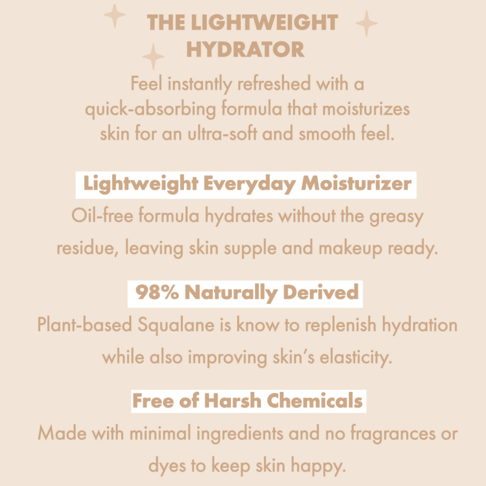 The Lightweight ColourPop Face Moisturizer delivers quick-absorbing, oil-free hydration for supple, makeup-ready skin; 98% naturally derived with plant-based squalane; free of harsh chemicals, fragrance, and dyes; beige infographic showcases benefits.