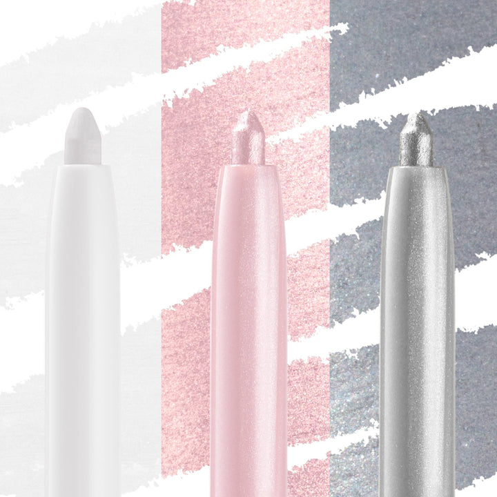 Total Essentials ColourPop Crème Gel Liner bundle stands upright - matte white, shimmery pink, and metallic silver - tips exposed with matching swipe swatches behind on a clean studio backdrop, showcasing creamy, long‑wear color payoff.