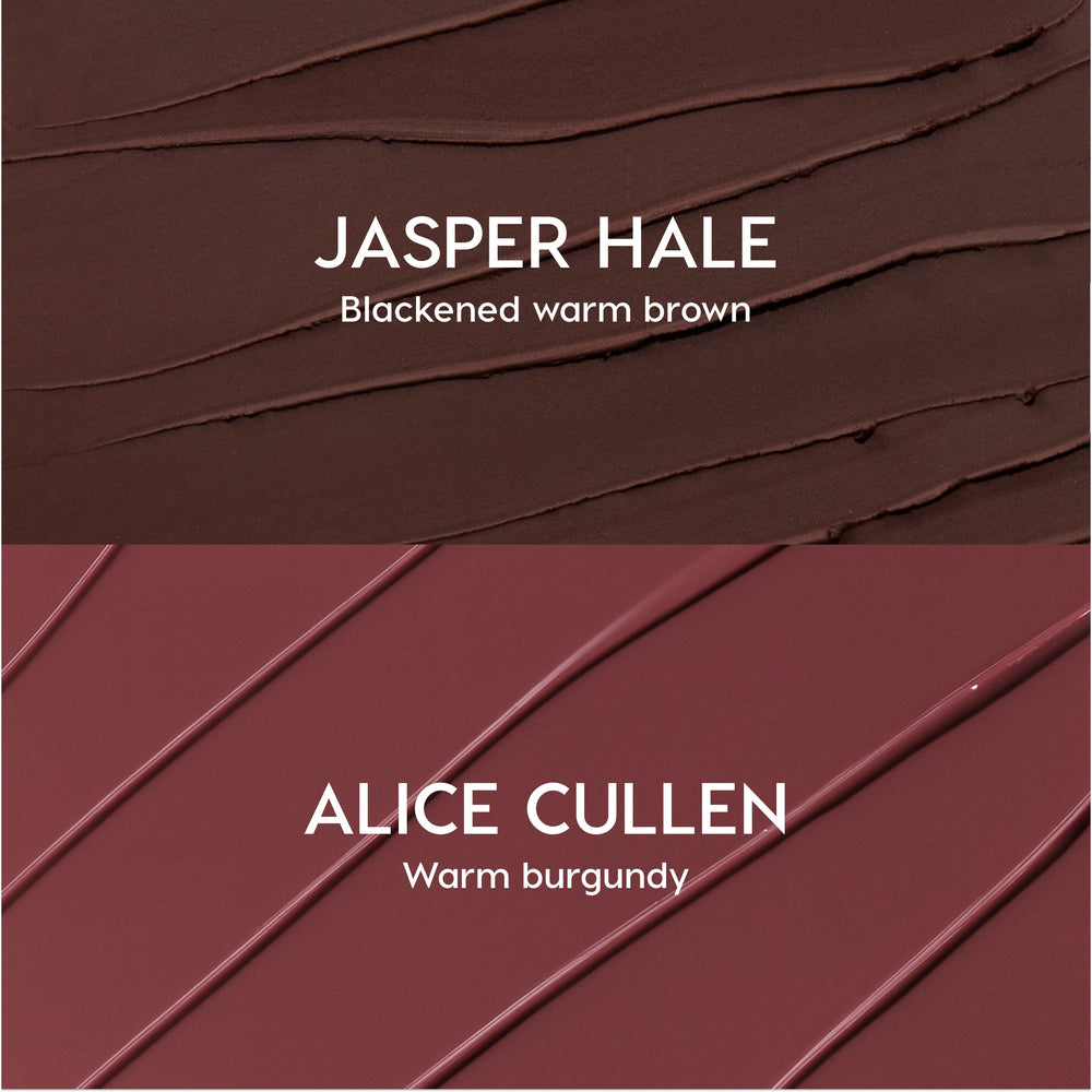 ColourPop New Love Lippie Stix swatched in two Twilight-inspired shades, Jasper Hale in blackened warm brown and Alice Cullen in warm burgundy, shown as creamy lipstick streaks on a split background for comparison.