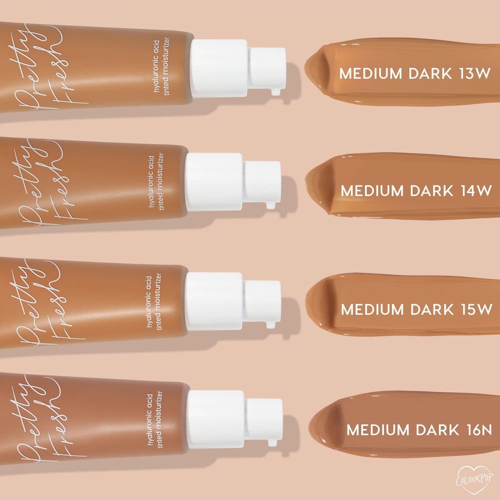 ColourPop Pretty Fresh Tinted Moisturizer in Medium Dark 16N, swatched beside its pump bottle and compared with shades 13W, 14W, 15W on a nude background; hyaluronic acid formula in a matte tube with white pump.